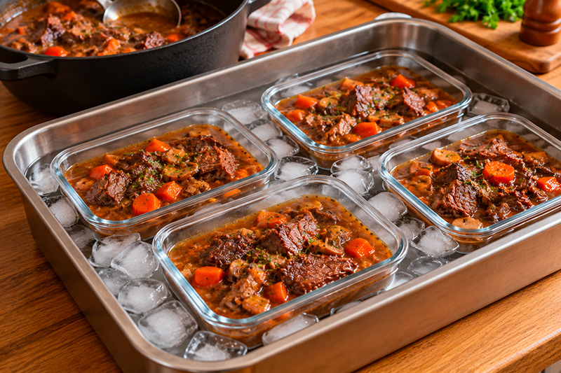 de la Viande de boeuf braisée répartie avec son jus dans des gamelles en verre