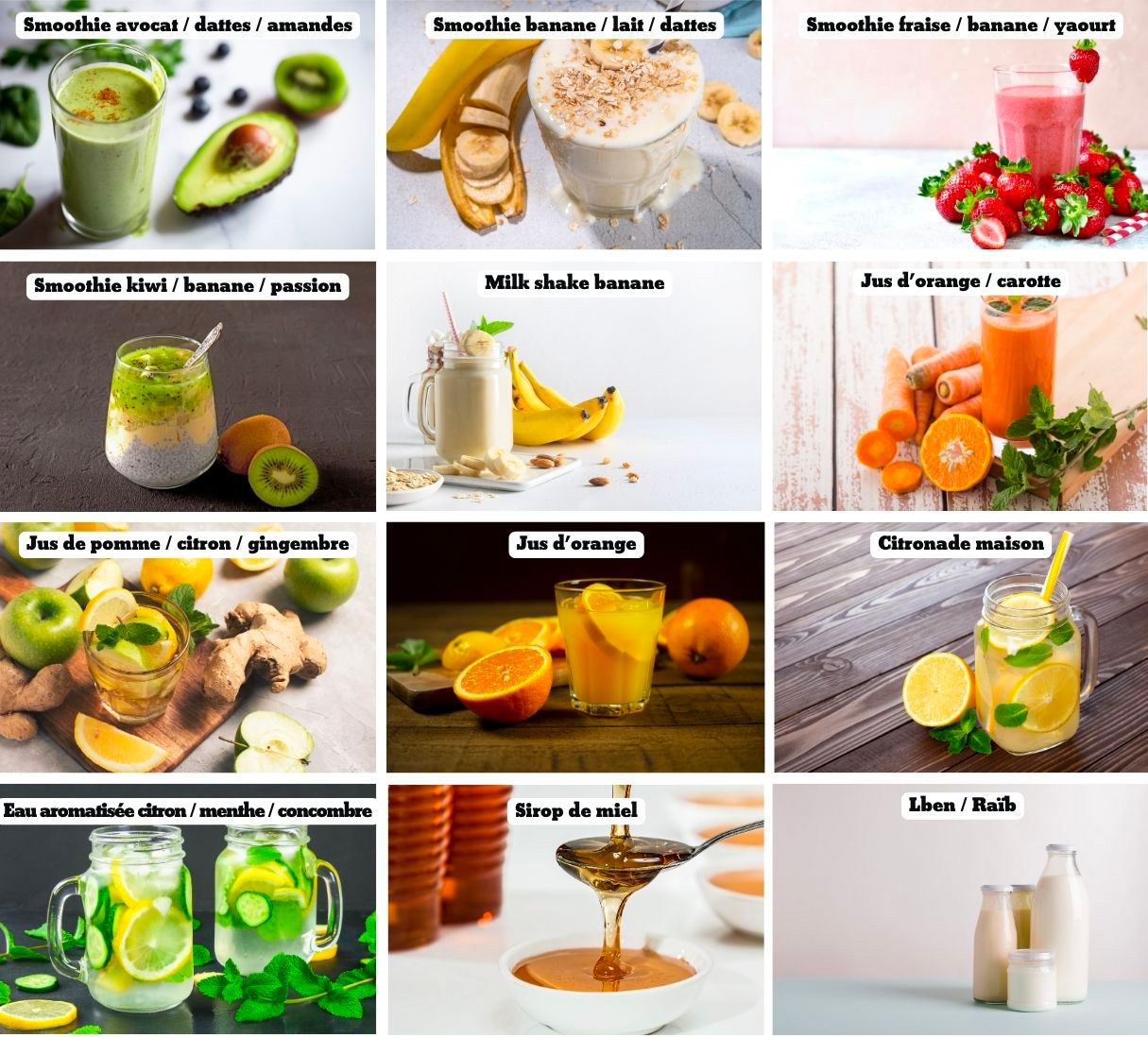 Un tableau avec différentes boissons à préparer pendant le ramadan