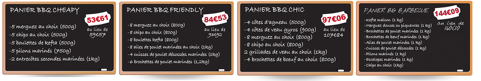 Les différents colis de viandes spéciales grillades proposés par le Garçon Boucher