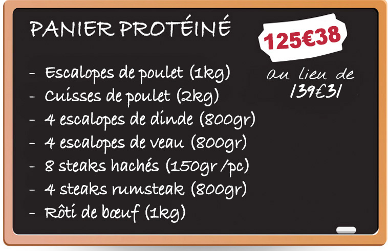 un tableau noir sur lequel est inscrit le contenue d'un colis de viande
