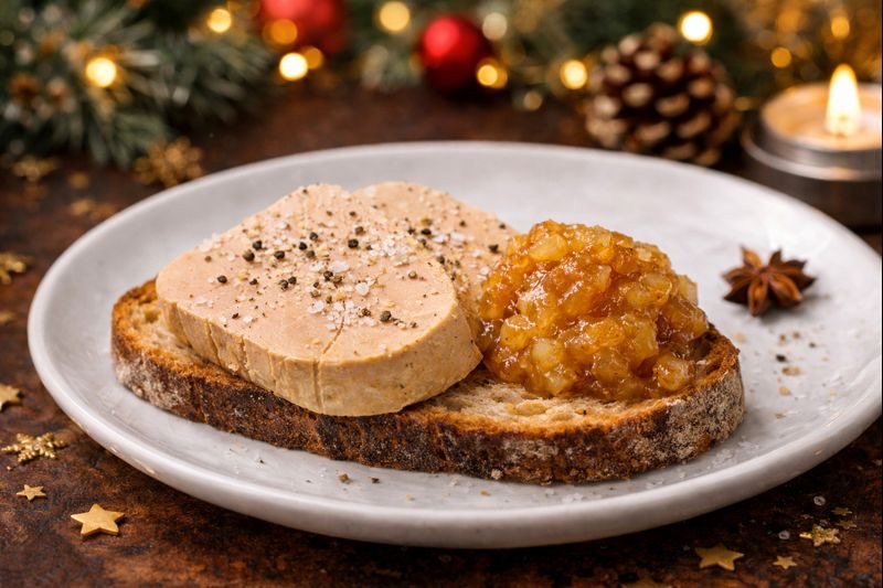Un toast avec du foie gras servi avec une compotée de poire