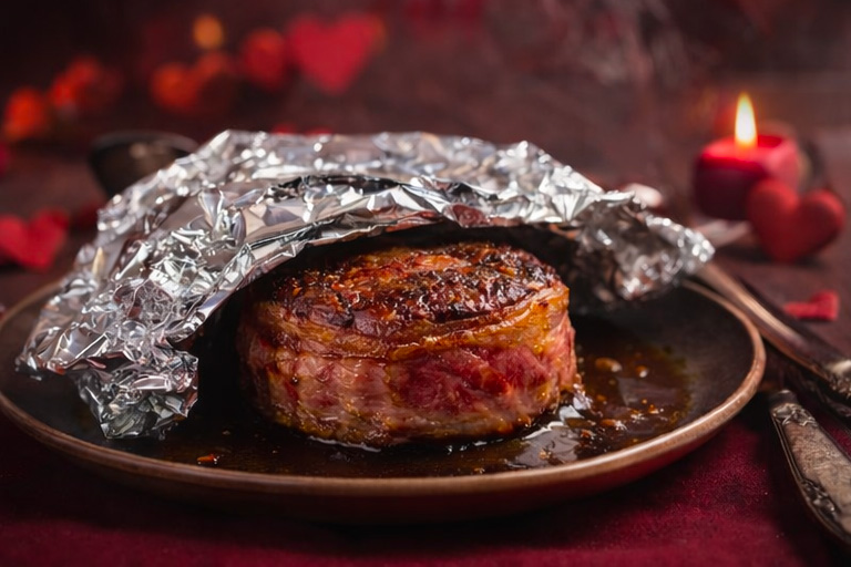 Un tournedos de boeuf dans une assiette au repos après cuisson sous une feuille d'aluminium