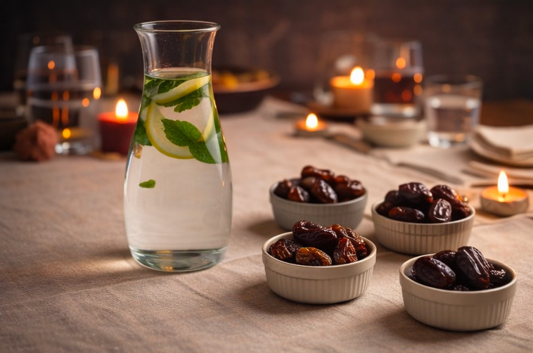 Une table du ramadan avec des datte et une carafe d'eau