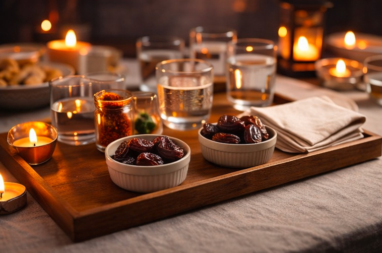 Un plateau qui contient de la nourriture sur une table du ftour