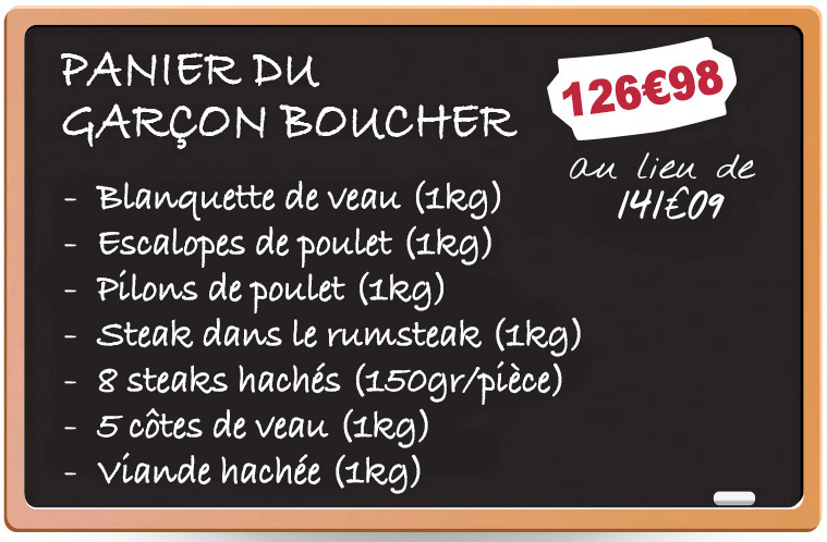 Un tableau noir sur lequel est inscrit le contenue du colis de viande du garçon boucher