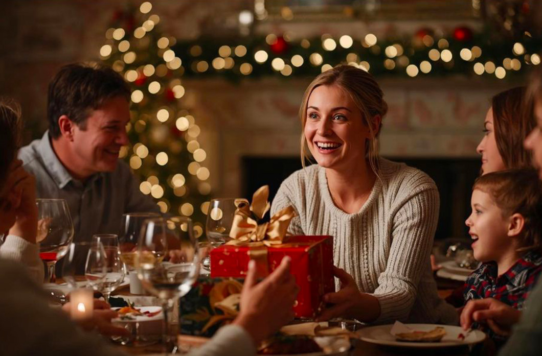 Une table de noël avec des gns et des cadeaux sur la table