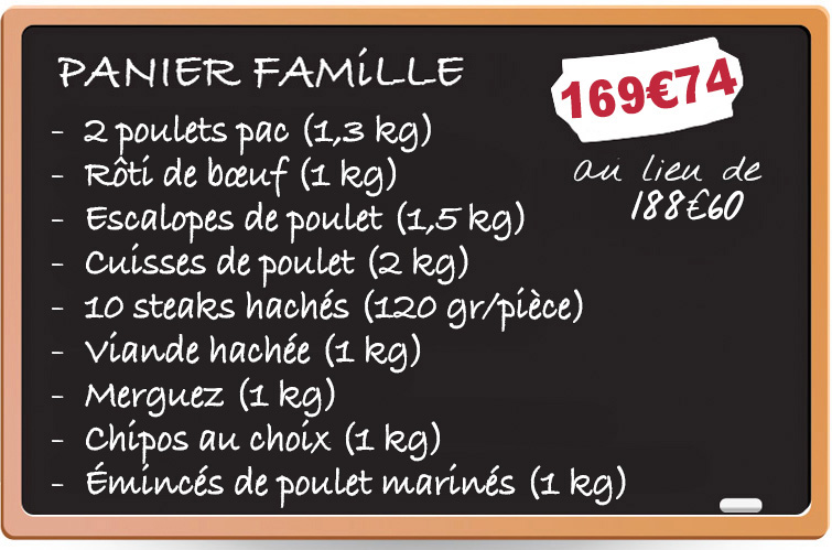 Un tableau sur lequel est inscrit le contenu d'un colis de viande du garçon boucher