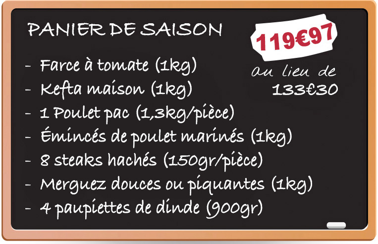 Un tablea noir sur lequel est écrit le contenu du panier saison dugarçon boucher