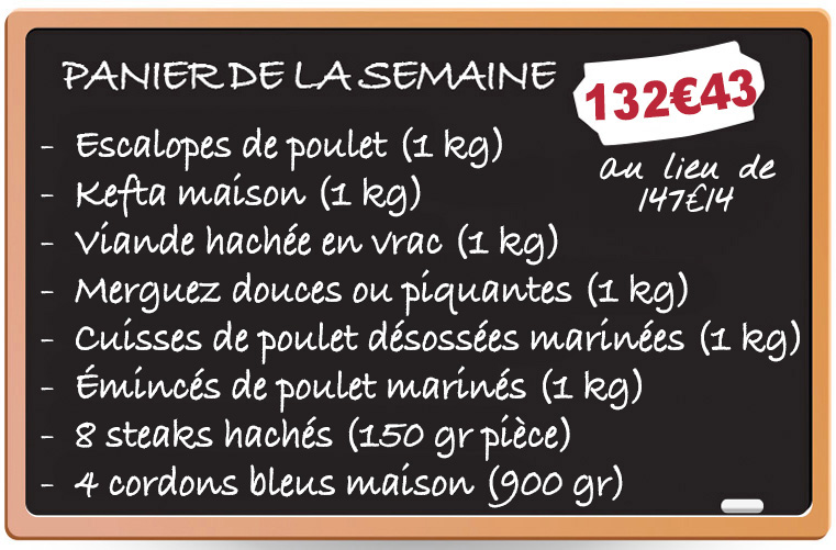 Un tableau noir sur lequel est inscrit le contenu du colis de viande panier de la semaine du garçon boucher