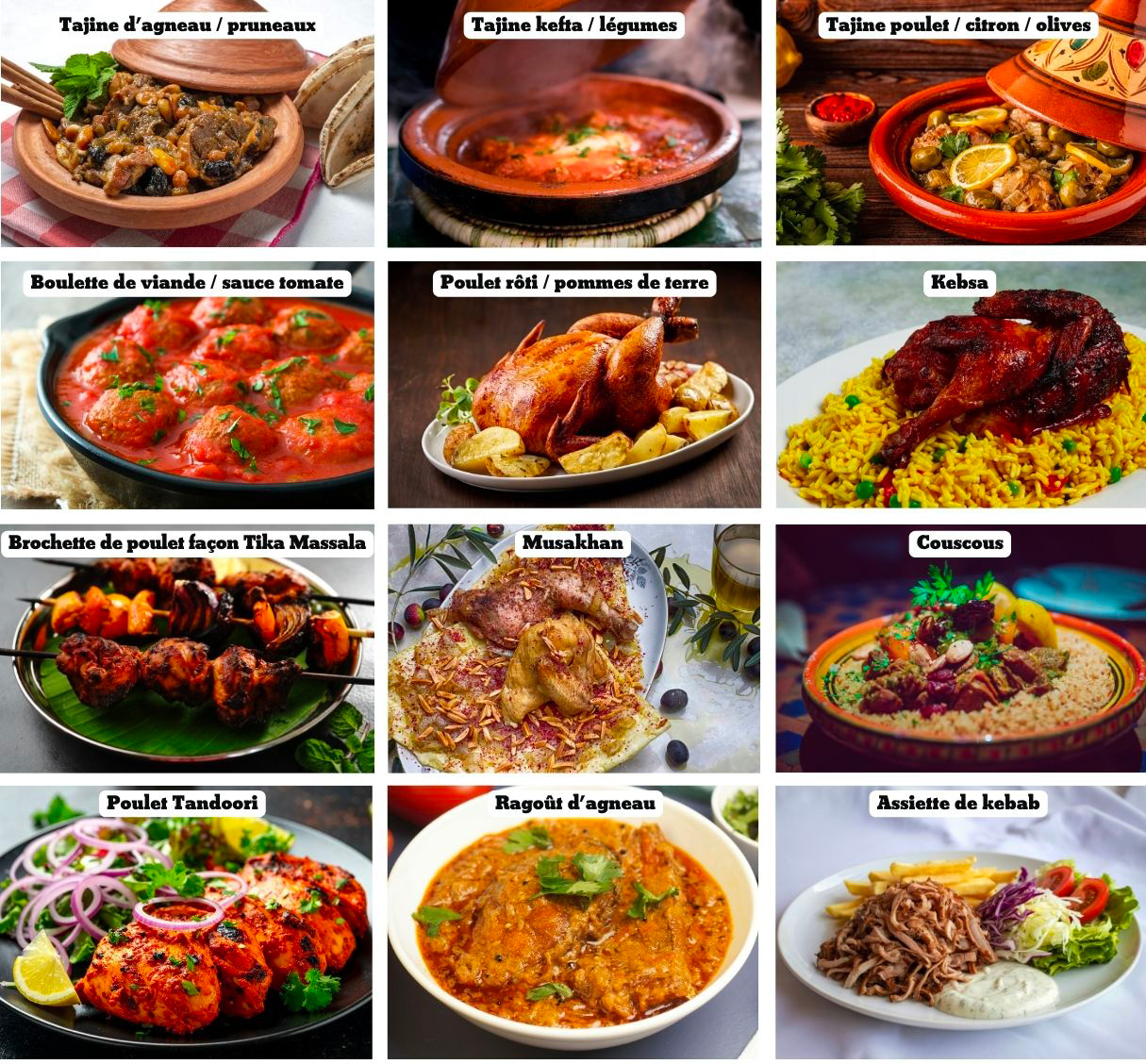 un tableau avec des idées de plats principaux pour le ftour