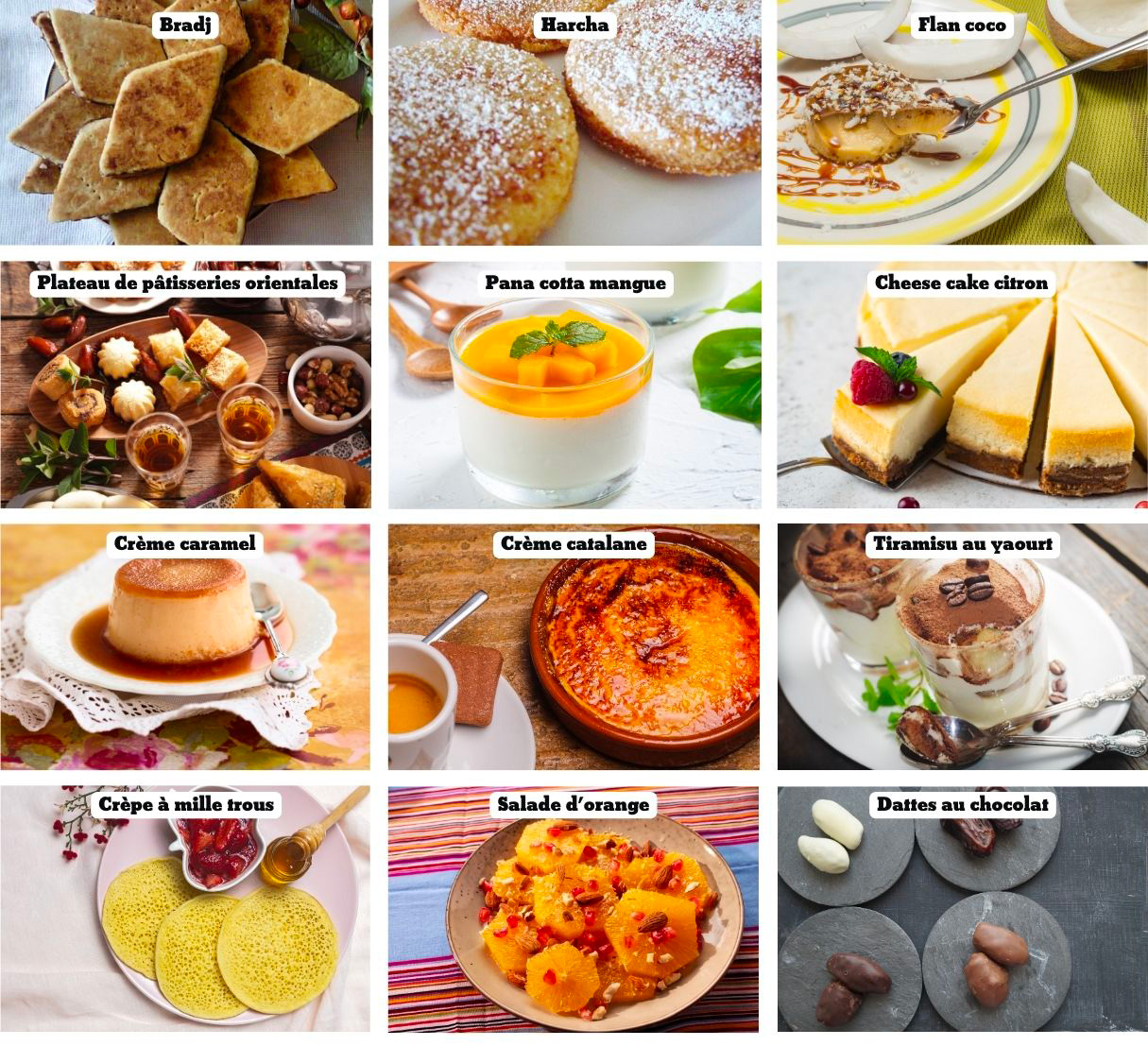 Un tableau qui regroupe les différents dessert du ramadan