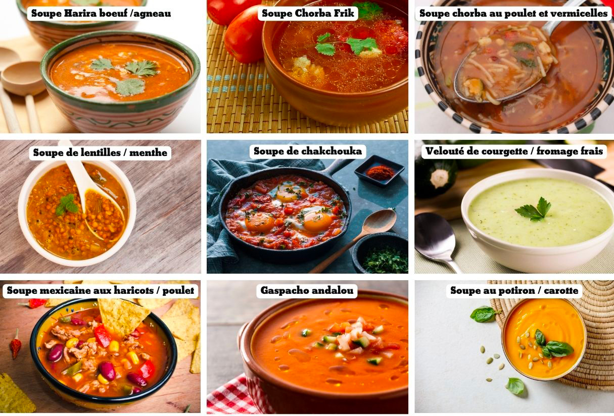 Un tableau avec les différentes soupes à consommer pendant le ramadan