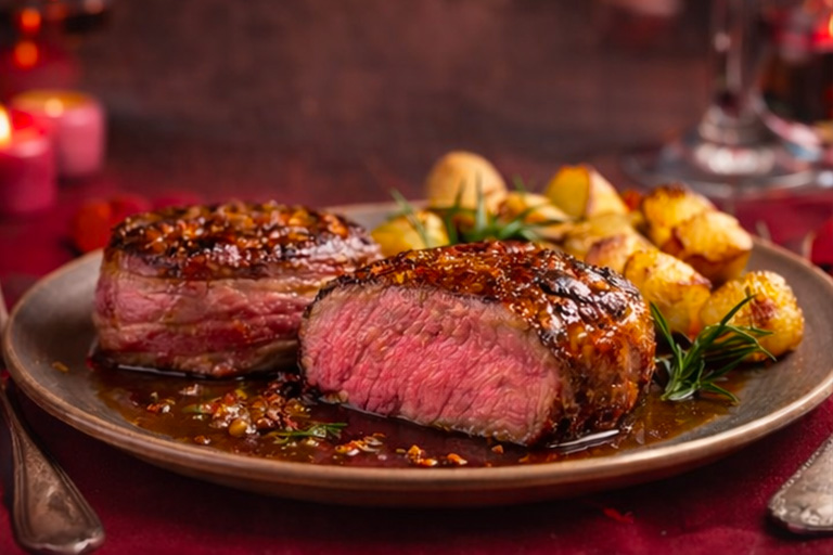Deux tourndos de boeuf cuit saignants dans une assiette avec des pommes de terre