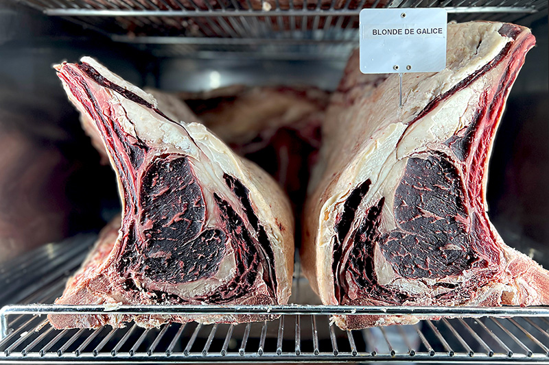 Deux côtes de boeuf maturées de la race Blonde de Galice dans une cave de maturation