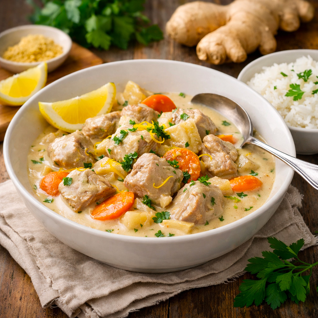 Une blanquette de veau revisitée au citron et gingembre servie dans un bol avec du zeste de citron