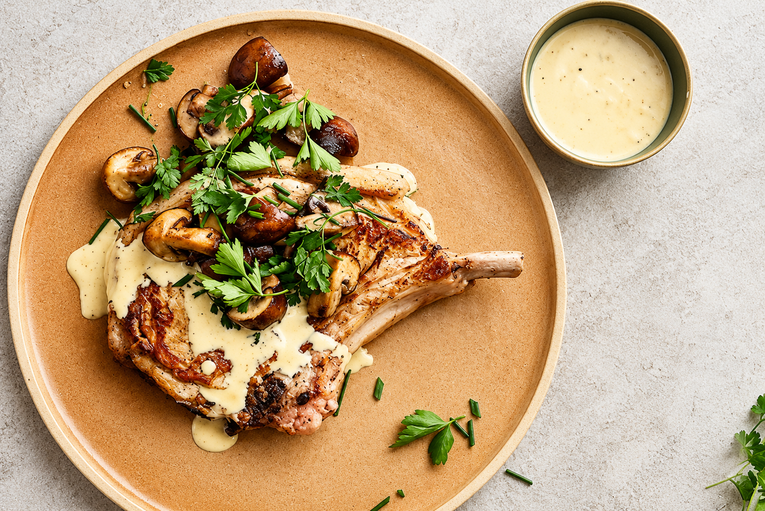 Une côte de veau crémeuse accompagnée d'une sauce aux champignons