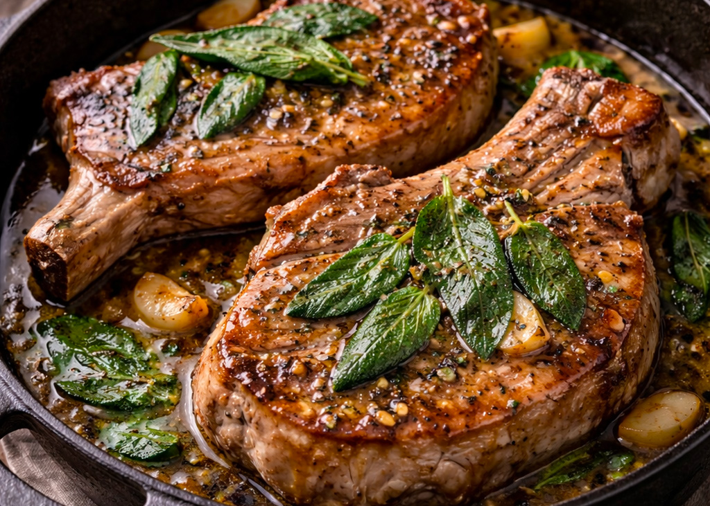Deux côte de veau dans une poêle avec de la sauge et une sauce au beurre