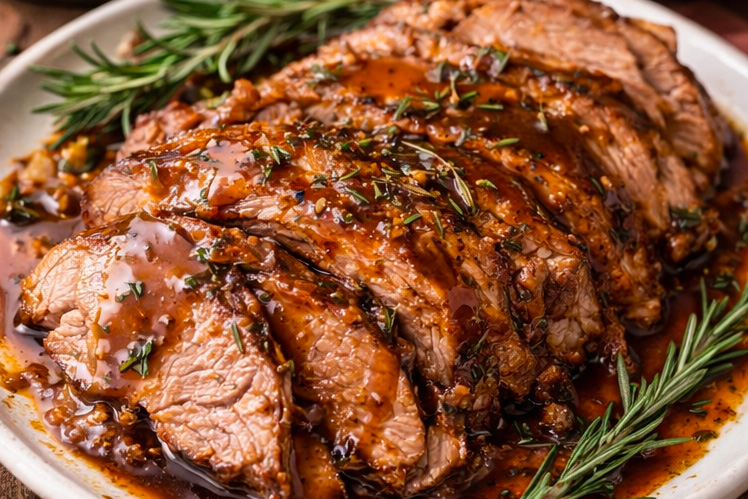 Une épaule de veau confite, tranchée enduite d'un jus au romarin