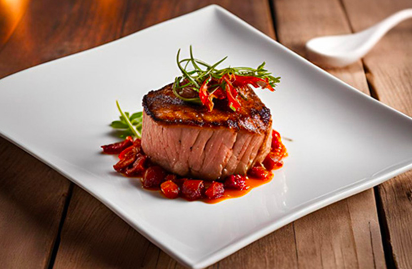Une tranche de filet mignon de veau avec sa sauce chorizo