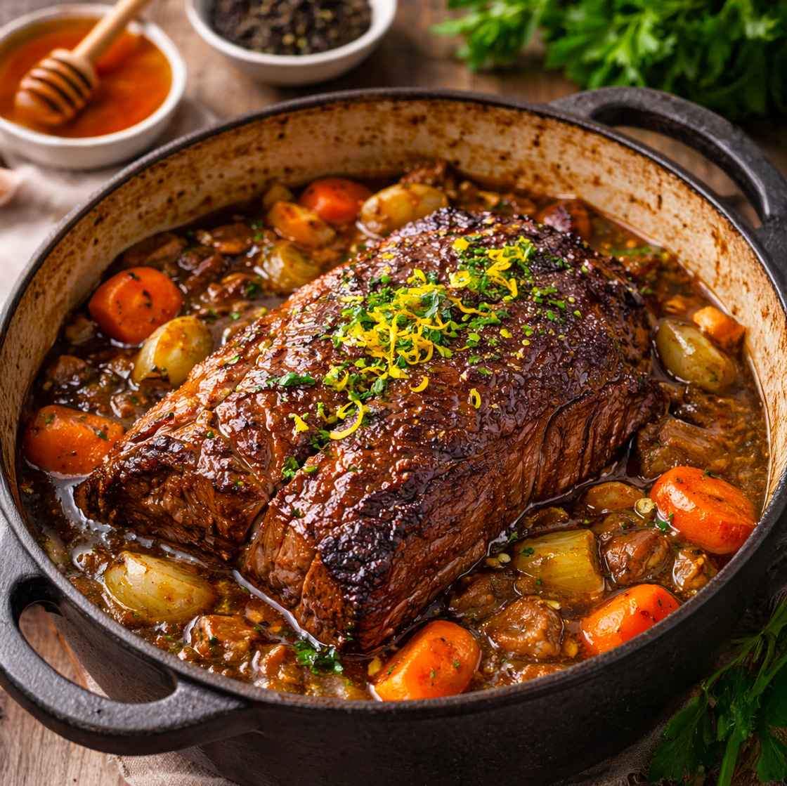 Une pièce de paleron de boeuf confite avec du miel