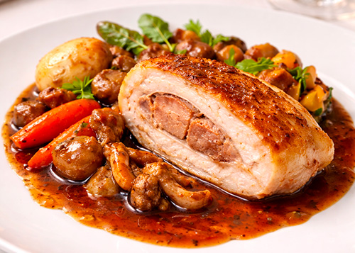 Un supreme de pintade farci avec du foie gras dans une assiette