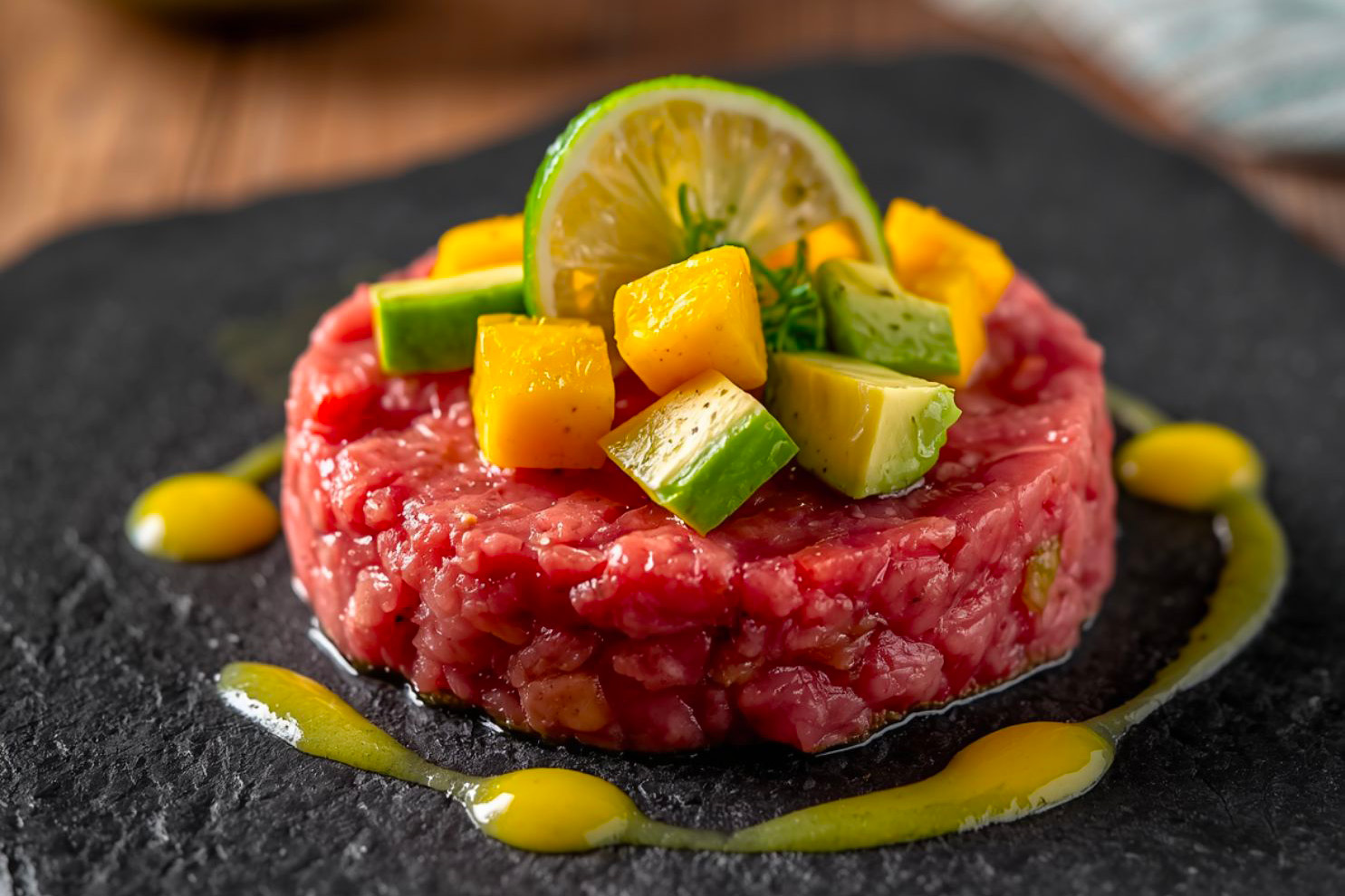 Un tartare de boeud avec des morceaux d'avocat et mangue