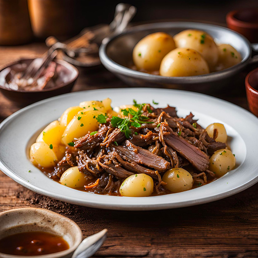 Paleron de boeuf effiloché avec des pommes de terre grenailles rôties